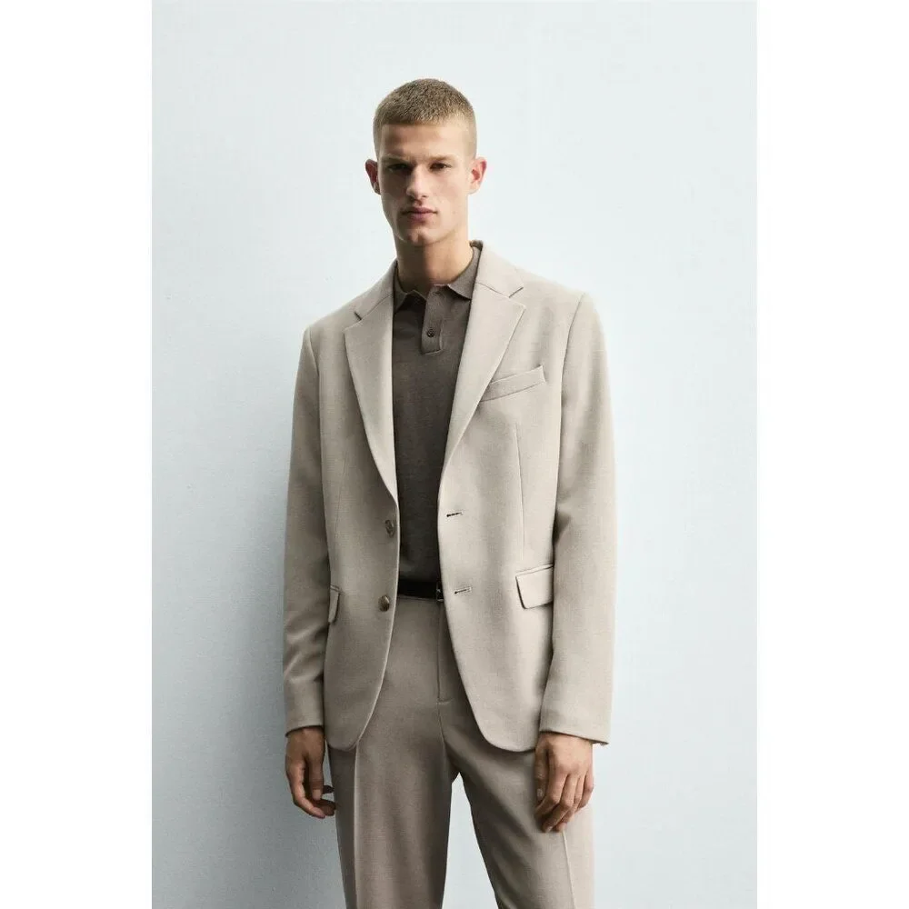 Zara Mens Blazer Suit Jacket EU 48 US 38 Beige Tan Slim Fit 4425/909 NWOT
